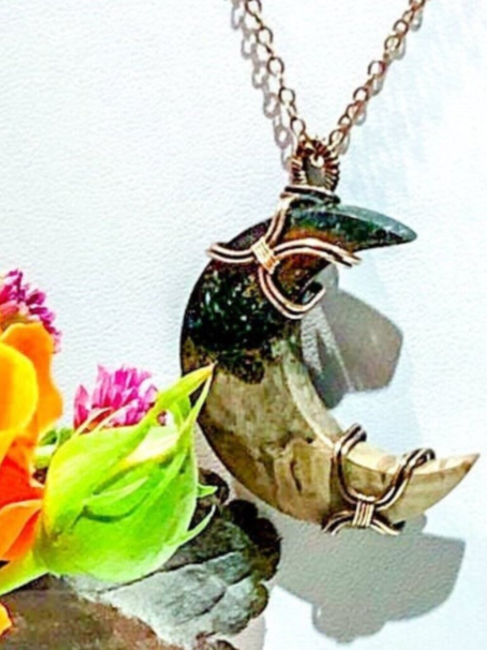 Handmade Wire Wrapped Crescent Moon with Petrified Palm Root Pendant